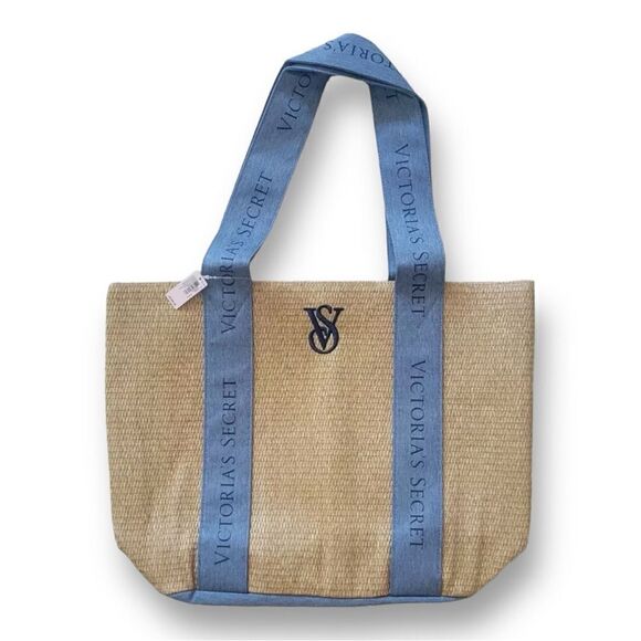 Victoria's Secret Straw Beach Tote Large Weekender Travel Logo Denim Blue Beige - Picture 2 of 5